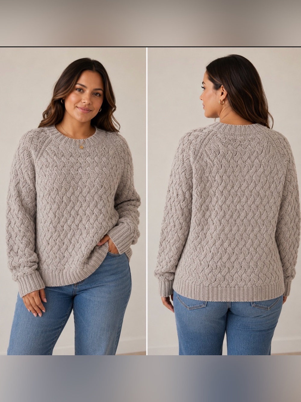 bobeau Taupe Cable Knit Crewneck Sweater,Size Medium - Picture 1 of 7